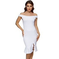 Off Shoulder Ruffle Split Hem Bodycon Dress