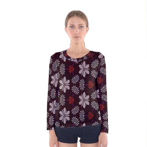 Floral Pattern On A Brown Background Women Long Sleeve T-shirt by LalyLauraFLM