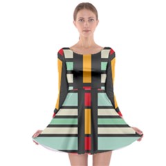 Mirrored Rectangles In Retro Colors Long Sleeve Skater Dress by LalyLauraFLM