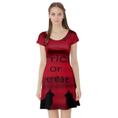 Trick Or Treat - Black Cat Short Sleeve Skater Dress by Valentinaart