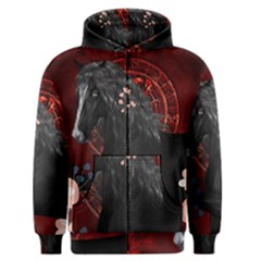 Awesmoe Black Horse With Flowers On Red Background Men s Zipper Hoodie by FantasyWorld7