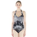 Awesome Wild Black Horses Running In The Night Halter Swimsuit View1