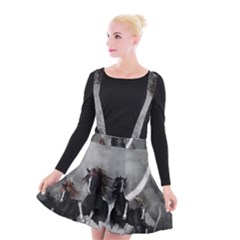 Awesome Wild Black Horses Running In The Night Suspender Skater Skirt by FantasyWorld7
