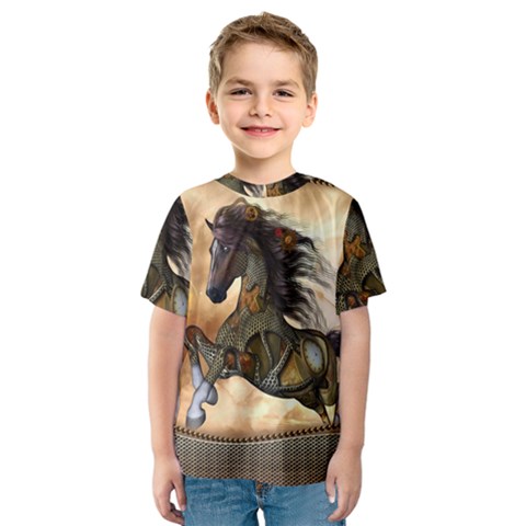Steampunk, Wonderful Steampunk Horse With Clocks And Gears, Golden Design Kids  Sport Mesh Tee by FantasyWorld7
