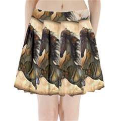 Steampunk, Wonderful Steampunk Horse With Clocks And Gears, Golden Design Pleated Mini Skirt by FantasyWorld7