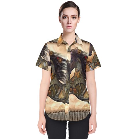 Steampunk, Wonderful Steampunk Horse With Clocks And Gears, Golden Design Women s Short Sleeve Shirt by FantasyWorld7