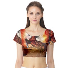Awesome Creepy Running Horse With Skulls Short Sleeve Crop Top by FantasyWorld7