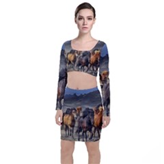 Horses Stampede Nature Running Long Sleeve Crop Top & Bodycon Skirt Set by Celenk