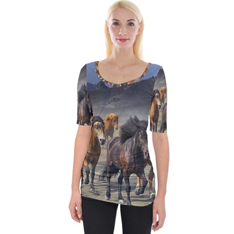 Horses Stampede Nature Running Wide Neckline Tee by Celenk