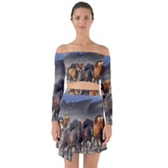 Horses Stampede Nature Running Off Shoulder Top With Skirt Set by Celenk