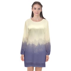 Cloudy Foggy Forest With Pine Trees Long Sleeve Chiffon Shift Dress  by genx
