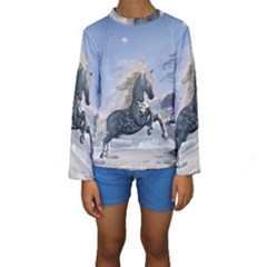 Wonderful Wild Fantasy Horse On The Beach Kids  Long Sleeve Swimwear by FantasyWorld7