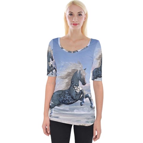 Wonderful Wild Fantasy Horse On The Beach Wide Neckline Tee by FantasyWorld7