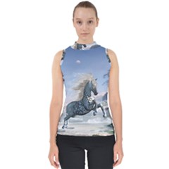 Wonderful Wild Fantasy Horse On The Beach Mock Neck Shell Top by FantasyWorld7