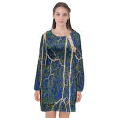 Green Leaves Blue Background Night Long Sleeve Chiffon Shift Dress  by Nexatart