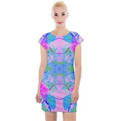 Pink And Purple Dahlia On Blue Pattern Cap Sleeve Bodycon Dress by myrubiogarden