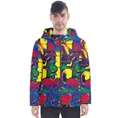 Colorful Shapes Abstract Painting                      Men s Hooded Puffer Jacket by LalyLauraFLM