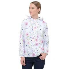 Pink Blue Flowers Pattern                        Women Hooded Front Pocket Windbreaker by LalyLauraFLM