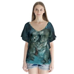 Aweome Troll With Skulls In The Night V-neck Flutter Sleeve Top by FantasyWorld7