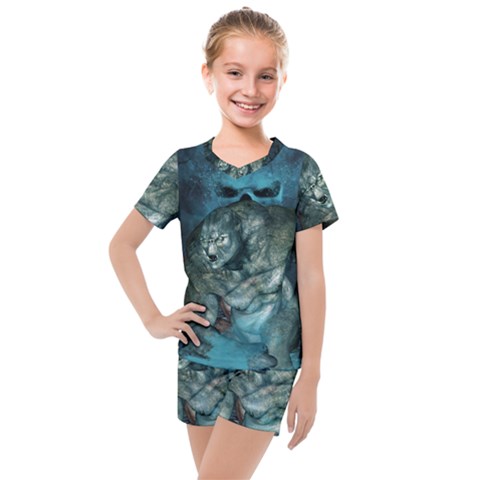 Aweome Troll With Skulls In The Night Kids  Mesh Tee And Shorts Set by FantasyWorld7