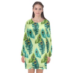 Peacock Feather Pattern Long Sleeve Chiffon Shift Dress  by Vaneshart