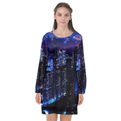 Night City Dark Long Sleeve Chiffon Shift Dress  by Vaneshart