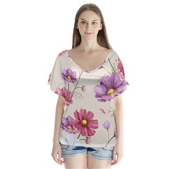 Vector Hand Drawn Cosmos Flower Pattern V-neck Flutter Sleeve Top by Sobalvarro