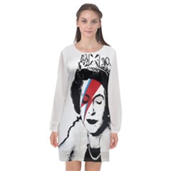 Banksy Graffiti Uk England God Save The Queen Elisabeth With David Bowie Rockband Face Makeup Ziggy Stardust Long Sleeve Chiffon Shift Dress  by snek