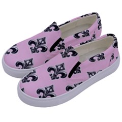French France Fleur De Lys Metal Pattern Black And White Antique Vintage Pink And Black Rocker Kids  Canvas Slip Ons by Quebec