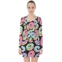 Colorful Donut Seamless Pattern On Black Vector V-neck Bodycon Long Sleeve Dress View1