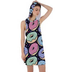 Colorful Donut Seamless Pattern On Black Vector Racer Back Hoodie Dress by Sobalvarro