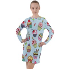 Cupcake Doodle Pattern Long Sleeve Hoodie Dress by Sobalvarro