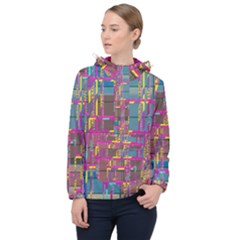 Colorful Shapes Texture                                                   Women Hooded Front Pocket Windbreaker by LalyLauraFLM