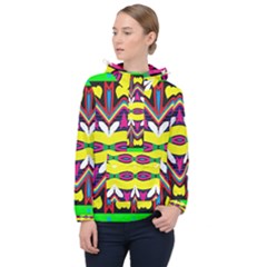 Colorful Shapes                                                   Women Hooded Front Pocket Windbreaker by LalyLauraFLM