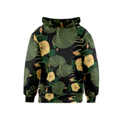 Tropical Vintage Yellow Hibiscus Floral Green Leaves Seamless Pattern Black Background  Kids  Pullover Hoodie by Sobalvarro