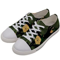 Tropical Vintage Yellow Hibiscus Floral Green Leaves Seamless Pattern Black Background  Women s Low Top Canvas Sneakers by Sobalvarro