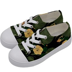 Tropical Vintage Yellow Hibiscus Floral Green Leaves Seamless Pattern Black Background  Kids  Low Top Canvas Sneakers by Sobalvarro