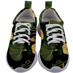 Tropical Vintage Yellow Hibiscus Floral Green Leaves Seamless Pattern Black Background  Kids Athletic Shoes by Sobalvarro