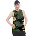 Tropical vintage yellow hibiscus floral green leaves seamless pattern black background. Men s Sleeveless Hoodie View1