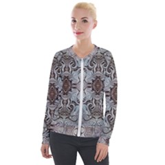 Turquoise Black Arabesque Repeats Velvet Zip Up Jacket by kaleidomarblingart
