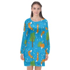 Red Fox In The Forest Long Sleeve Chiffon Shift Dress  by SychEva