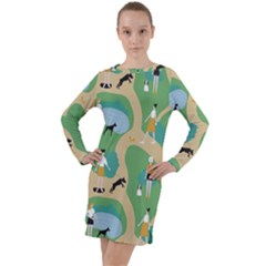 Girls With Dogs For A Walk In The Park Long Sleeve Hoodie Dress by SychEva