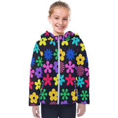 Colorful Flowers On A Black Background Pattern                                                           Kids  Hooded Puffer Jacket by LalyLauraFLM
