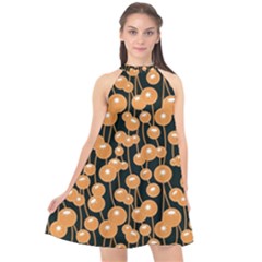 Orange Dandelions On A Dark Background Halter Neckline Chiffon Dress  by SychEva