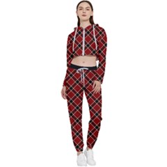 Dark Red Tartan, Retro Buffalo Plaid, Tiled Pattern Cropped Zip Up Lounge Set by Casemiro