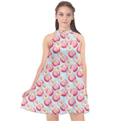 Pink And White Donuts On Blue Halter Neckline Chiffon Dress  by SychEva