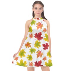 Bright Autumn Leaves Halter Neckline Chiffon Dress  by SychEva