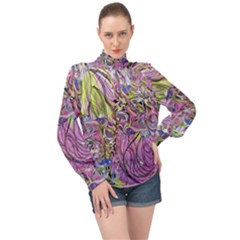Abstract Intarsio High Neck Long Sleeve Chiffon Top by kaleidomarblingart
