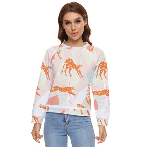 Pattern T- Shirt Hand Drawn Exotic Big Cat Cheetahs, Stretching, Running, Sitting And Walking On Abs Women s Long Sleeve Raglan Tee by maxcute