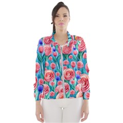 Brilliantly Hued Watercolor Flowers In A Botanical Women s Windbreaker by GardenOfOphir